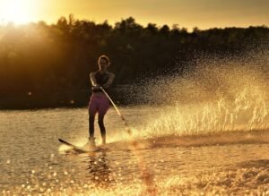 ski, nature, water, water ski, sport, sun set, lake, sunset