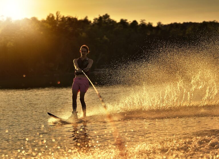 ski, nature, water, water ski, sport, sun set, lake, sunset